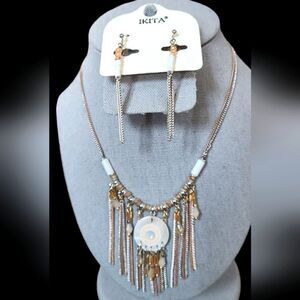PARIS! Chains and Beads Necklace & Earring Set Rose Gold Silver Mother‎ Of Pearl